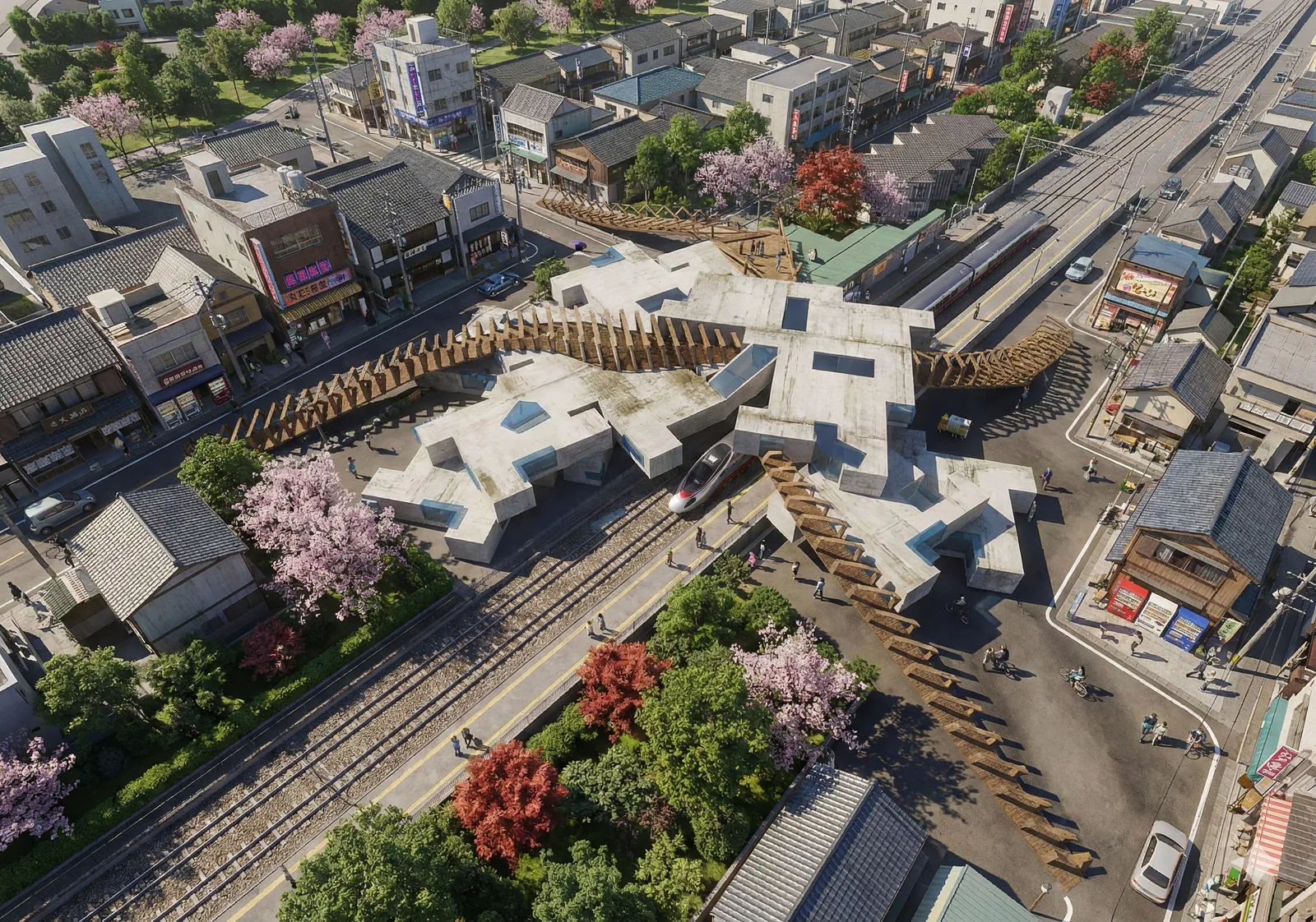 Aerial render of Minamata Life Bridge over the railway and the town of Minamata