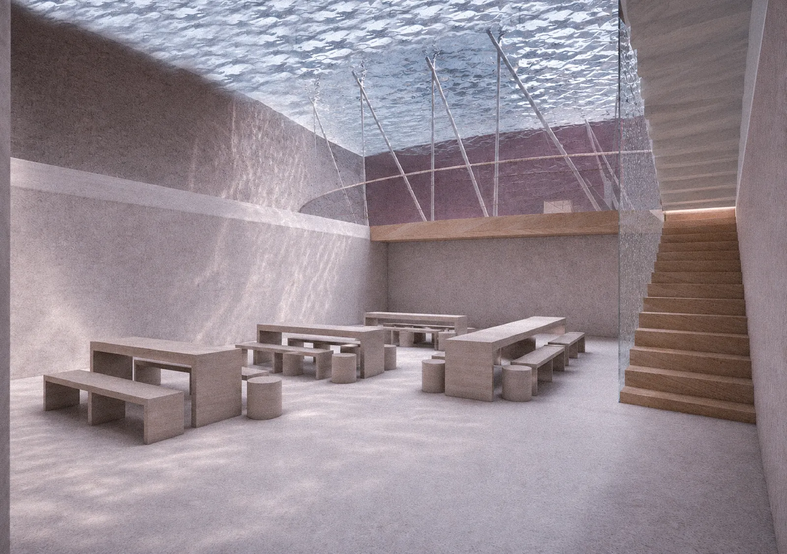 Interior: cafeteria with a rippled ceiling