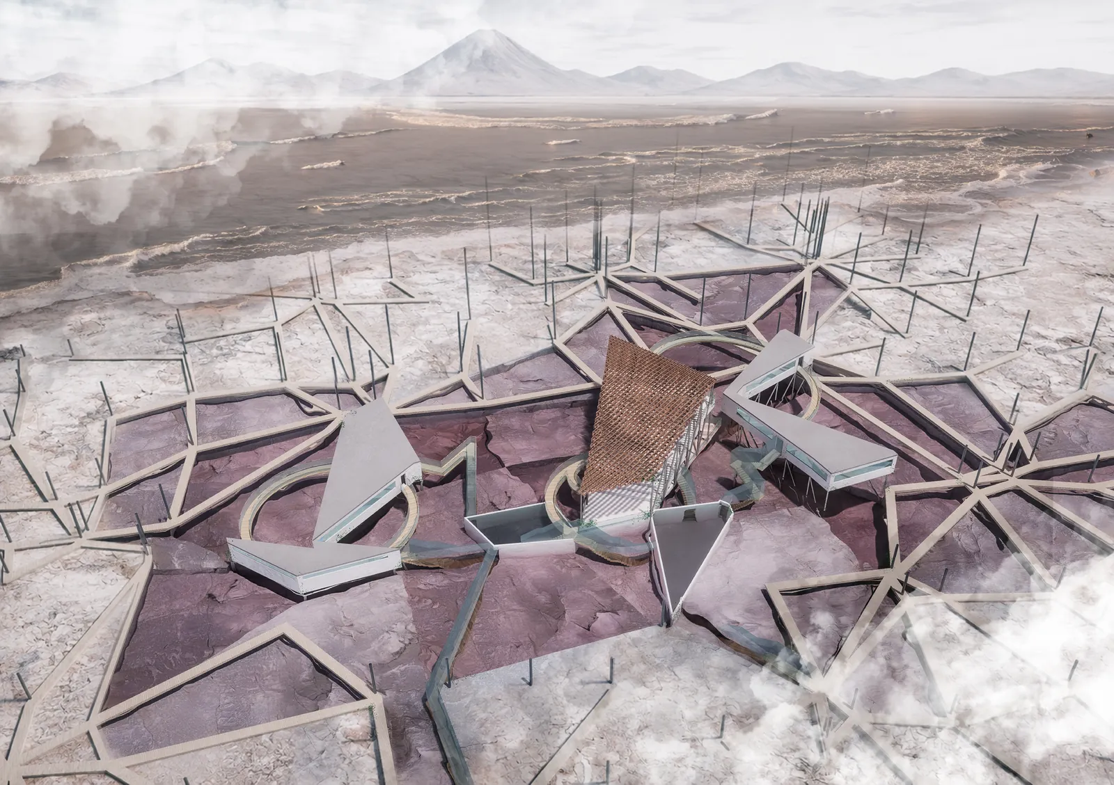 Aerial render of the Pain Sonification observation center on the dried shore of Lake Poopó