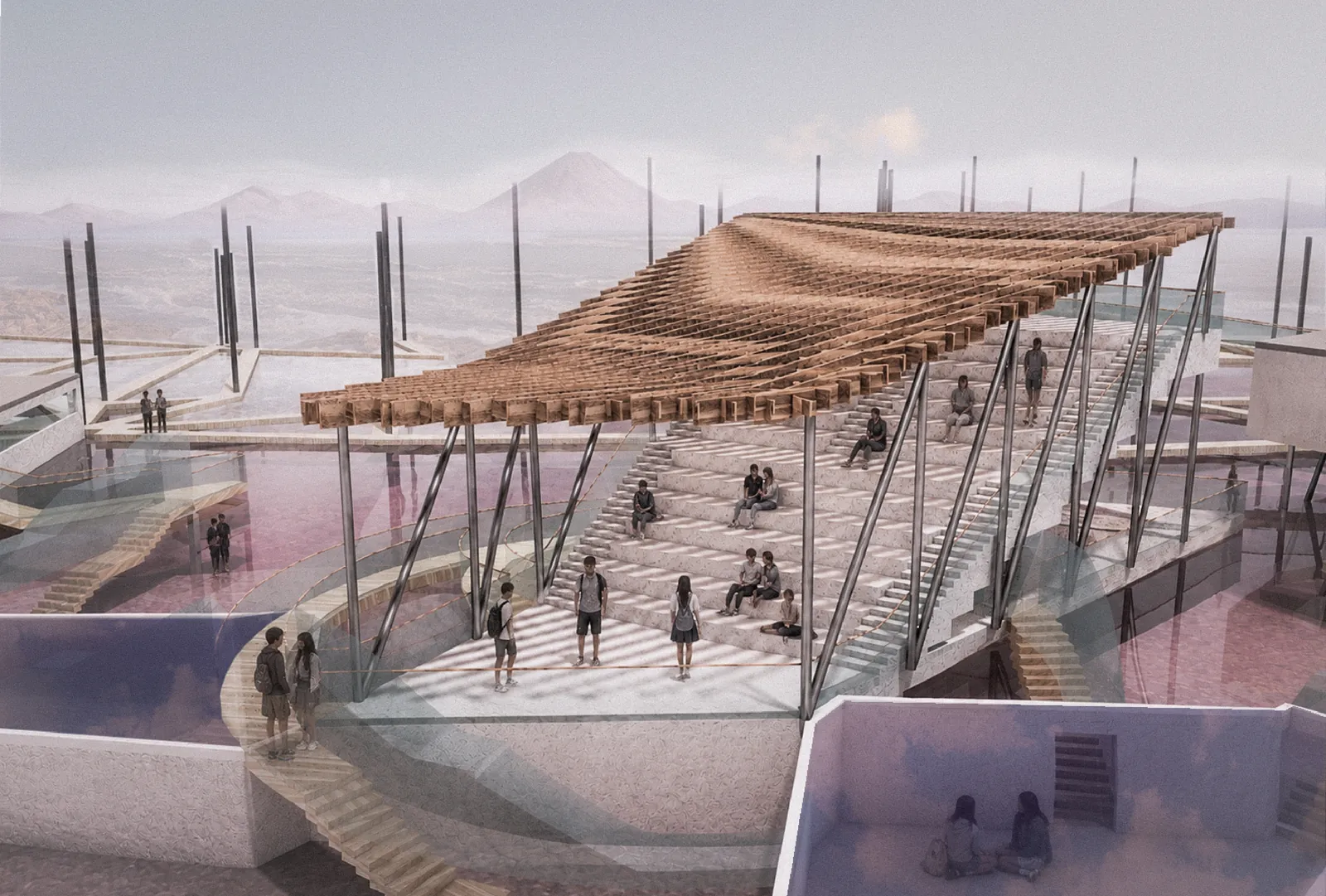 Aerial render of the Pain Sonification observation center on the dried shore of Lake Poopó