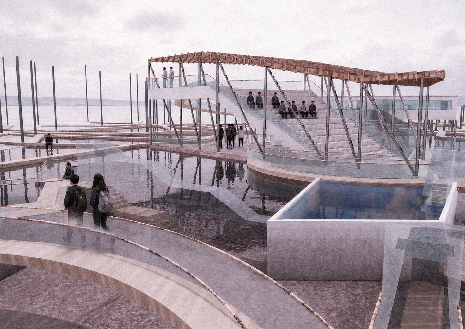 Render: timber-roofed amphitheatre over water